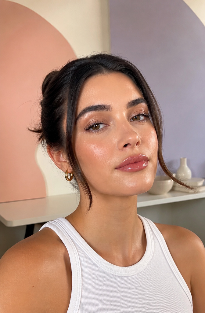 Model with glossy lips, illustrating the juicy lip trend.
