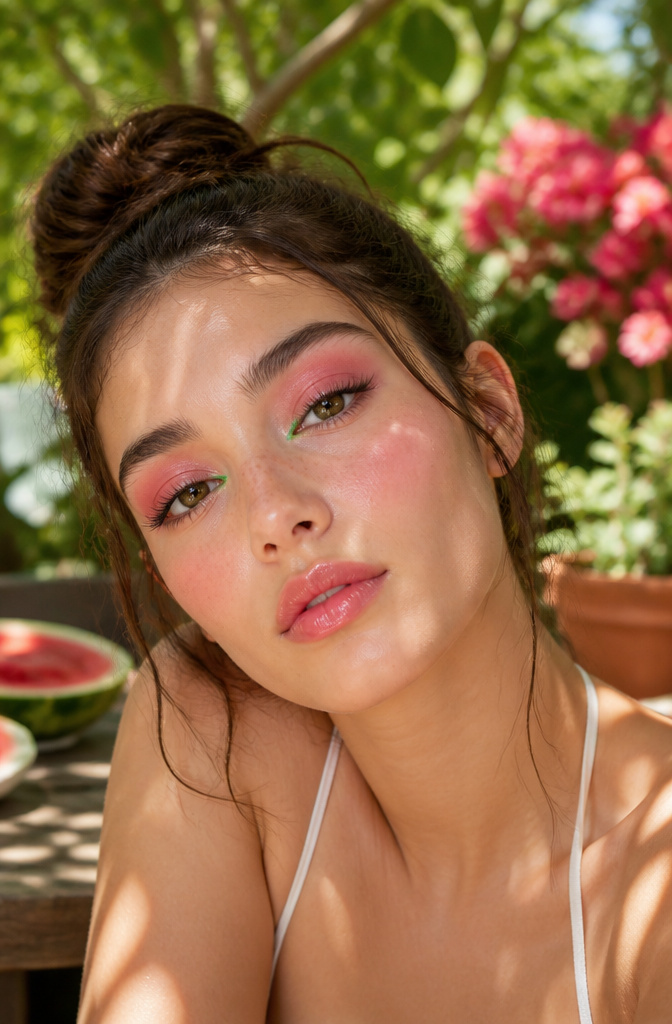 Model with pink eye makeup and green liner at the inner corner.