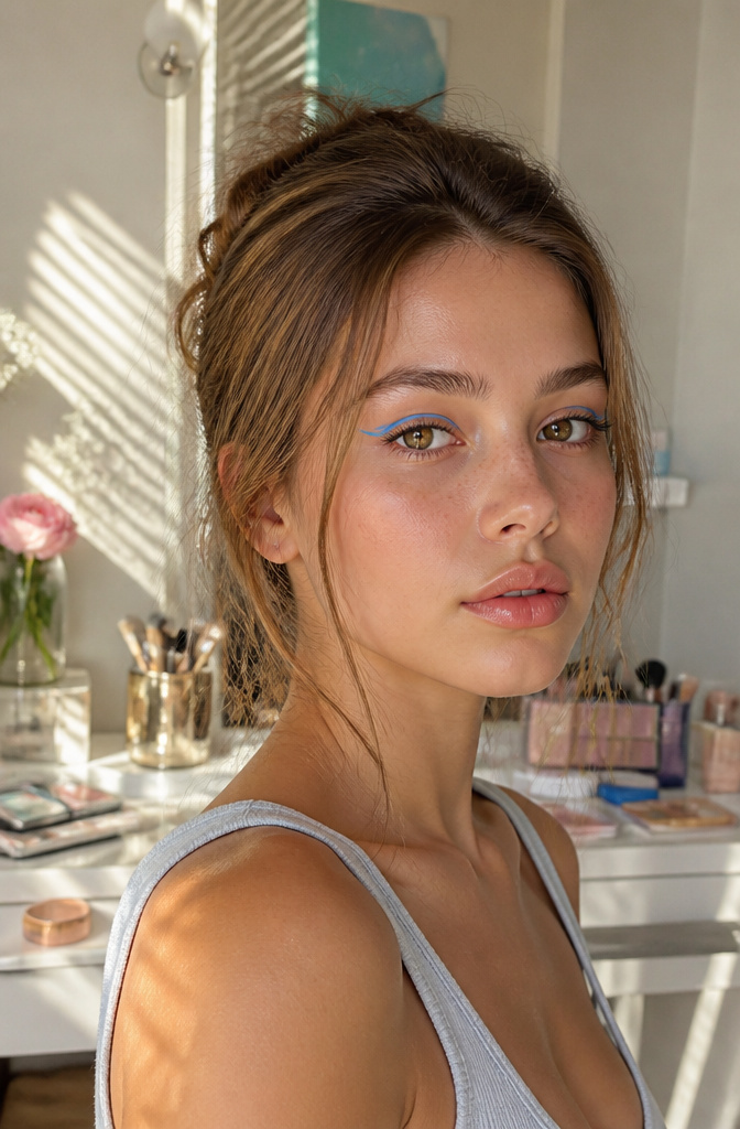 15 Euphoria Aesthetic Makeup Ideas for 2026 3 Model demonstrating a floating blue eyeliner look above her crease.