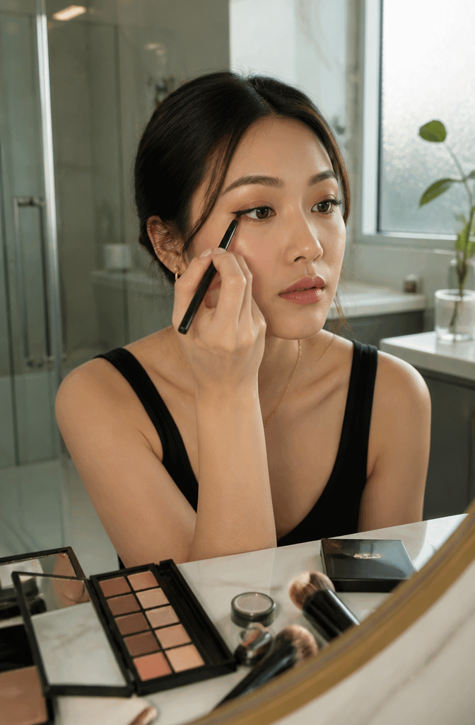 Double eyelid makeup showcasing a warm taupe gradient on the model's eyes.