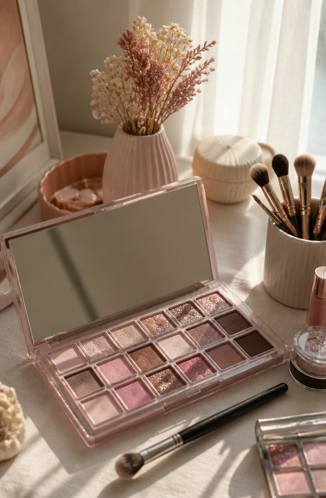 Model with soft pink eyeshadow and muted brick in the outer corner.
