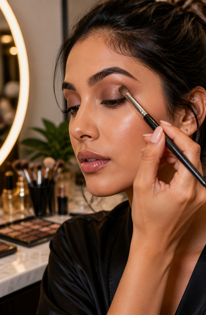Model applying mid-toned brown eyeshadow across her eyelids.