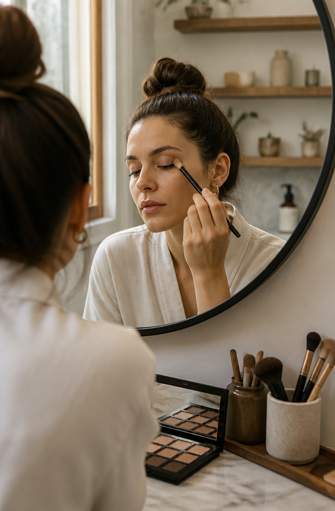 How to Do Light Brown Eye Makeup Natural in 2026: 2 Methods 3 Close-up of a model applying taupe eyeshadow with a brush.