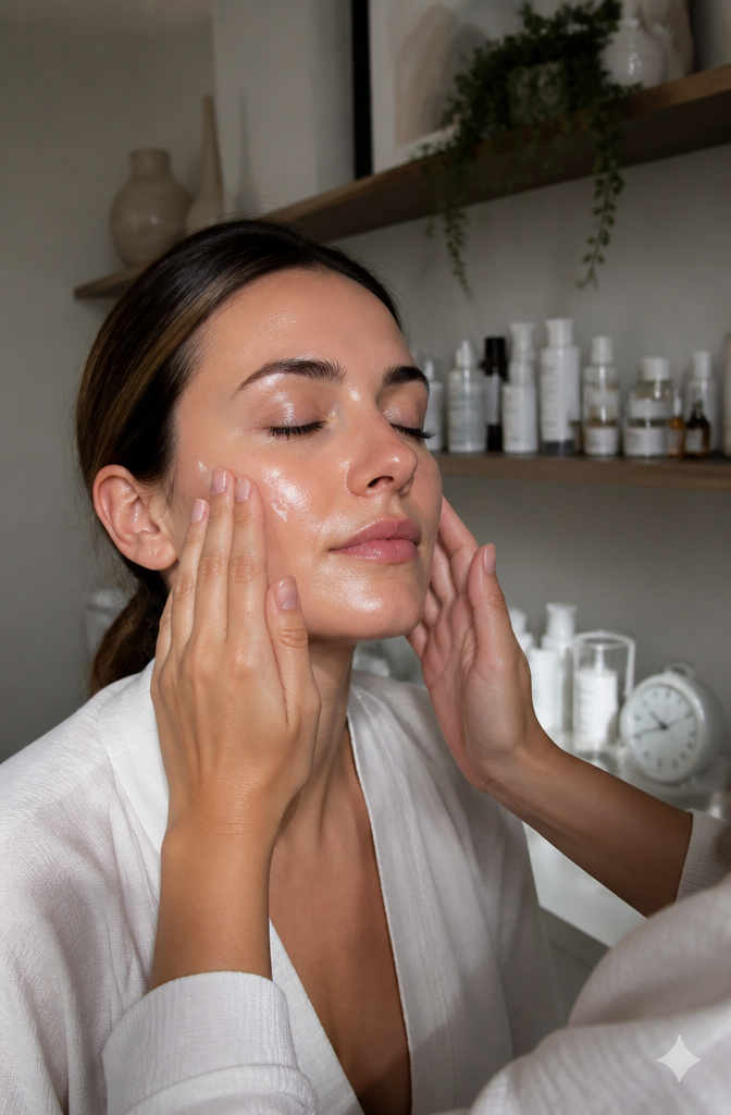 A close-up of clean skin being moisturized, ready for makeup application.