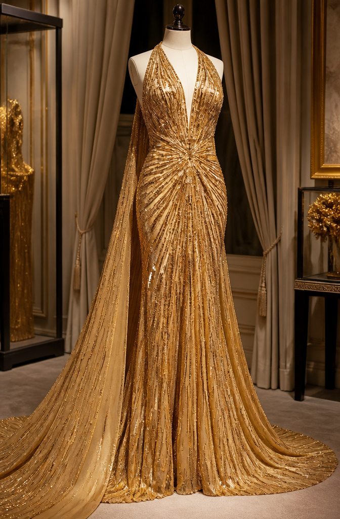 Aishwarya Rai's gold gown on a mannequin, showcasing its intricate design.