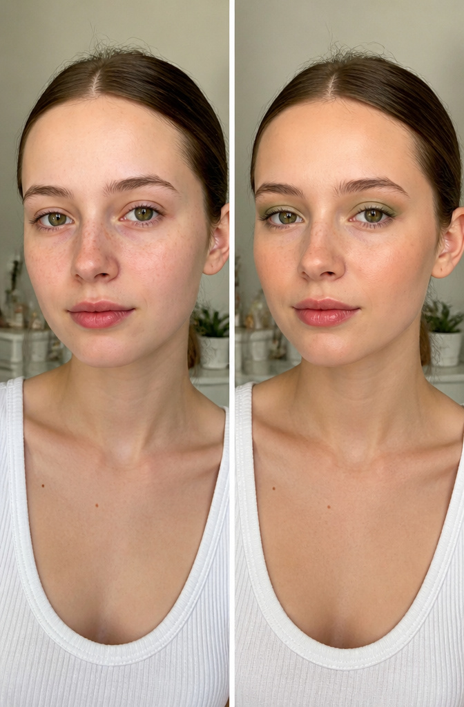 How to Do Simple Green Makeup: 6 Wearable Looks From Subtle to Bold 3 Photograph showing a model with soft olive green eyeshadow.