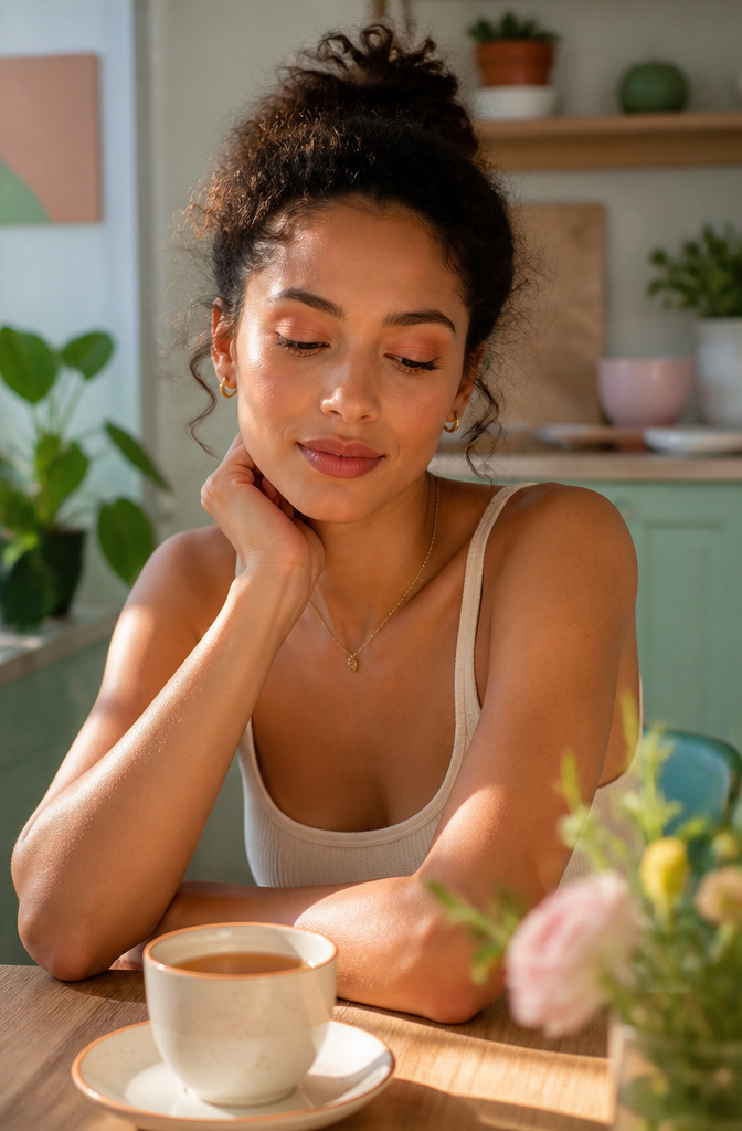 Model wearing soft peach eyeshadow in a pastel-colored kitchen.