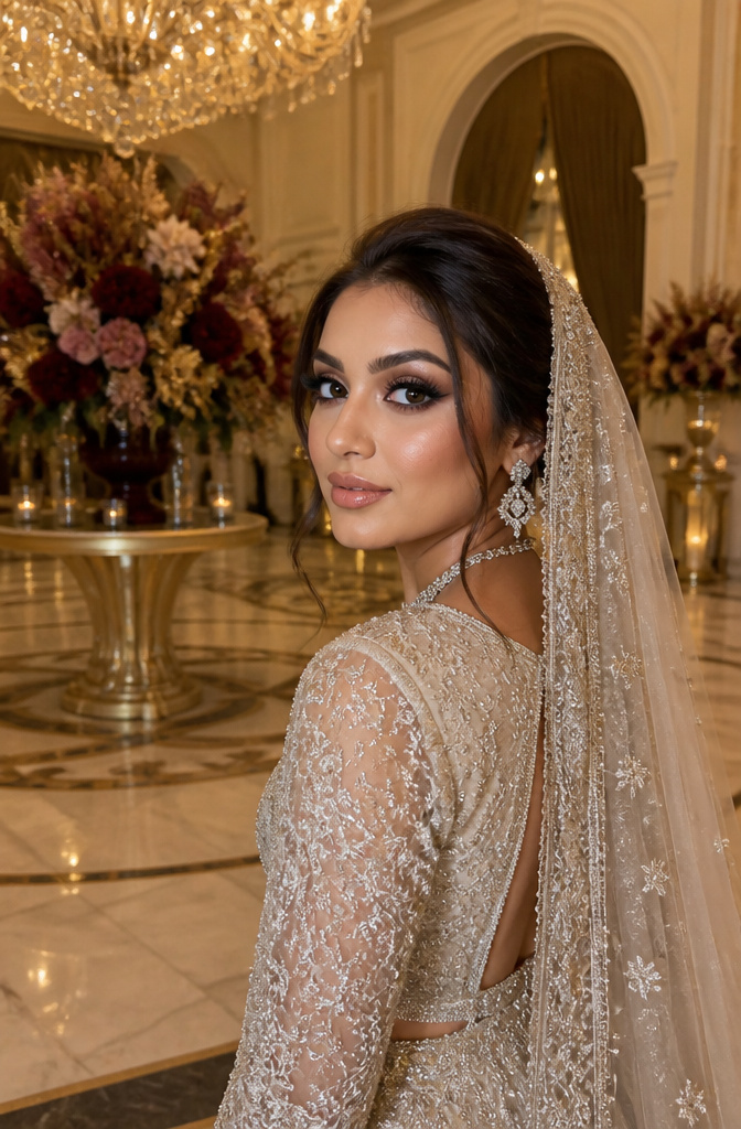 Glamorous bride with winged eyeliner and deep brown smokey eyes.