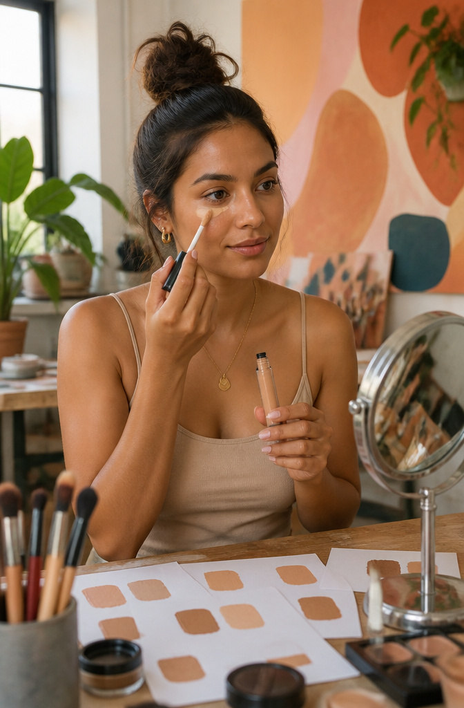 6 Makeup Looks for Tan Skin Tones in 2026 3 Model showing concealer tube with warm peach shade for tan skin.