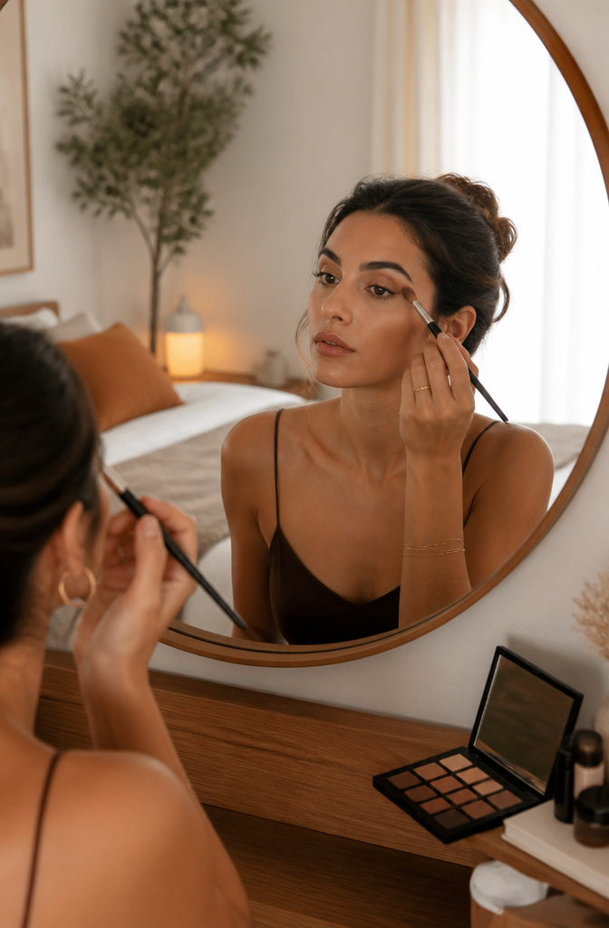 Model at a vanity table demonstrating the contoured lid eye makeup technique.