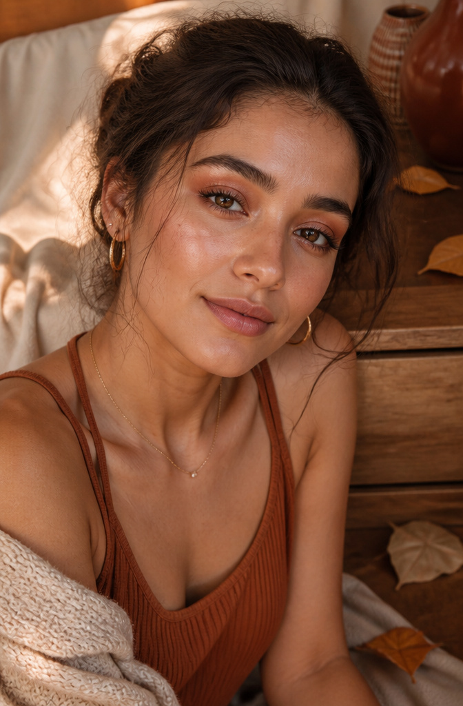Natural Eyeshadow for Brown Eyes: 16 Color Ideas for 2026 3 Model wearing rich copper eyeshadow that enhances her brown eyes.