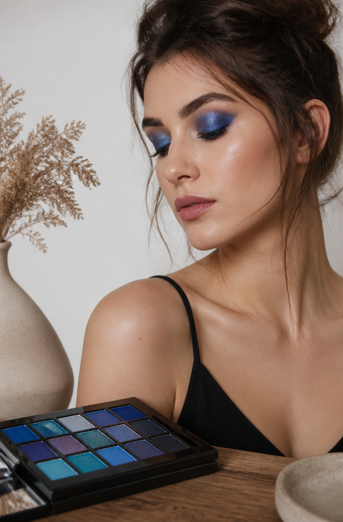 Model with a bold shadow applied on her eyelids against a clean backdrop.