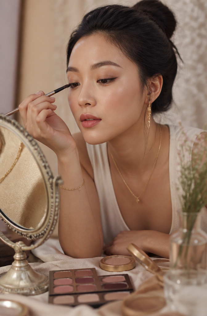 Almond-shaped eyes enhanced with dark eyeliner and blended shadow.