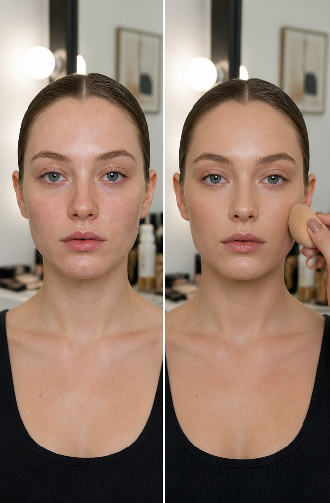 A makeup artist applying foundation for a flawless editorial look.