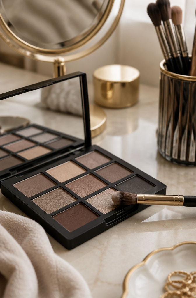 How to Do a Smokey Eye: A 9-Step Tutorial for 2026 4 A makeup palette with a light to mid-toned shadow applied to an eyelid.