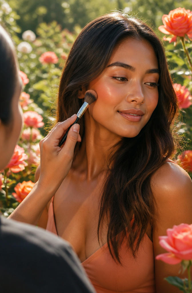 6 Makeup Looks for Tan Skin Tones in 2026 4 Model with peach blush in an outdoor garden setting.