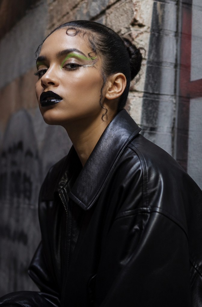 Unique Makeup Styles: 15 Looks, Types and Ideas for 2026 4 Woman against an industrial backdrop showcasing edgy makeup with unconventional colors.