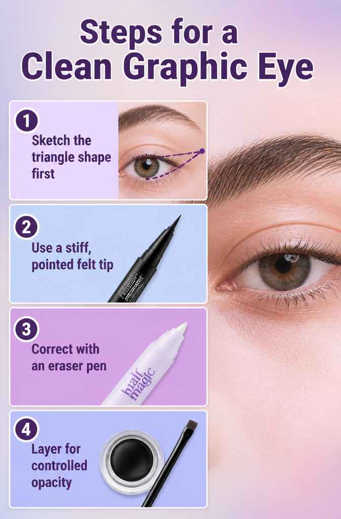 15 Euphoria Aesthetic Makeup Ideas for 2026 4 Illustration showing steps to create a clean graphic eye makeup.