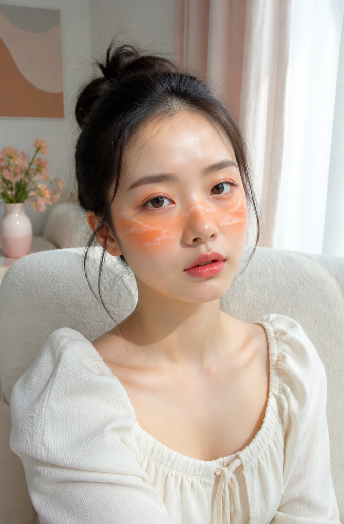 Model with warm marigold blush and white cloud designs on cheeks.