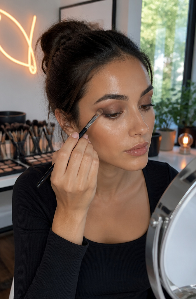 Model using a tapered brush to define her eyelid crease.