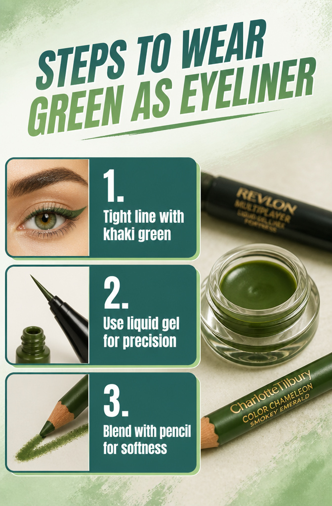 How to Do Simple Green Makeup: 6 Wearable Looks From Subtle to Bold 4 Illustration detailing steps to wear green eyeliner.