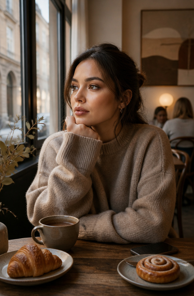 Model in a café showcasing the subtle smokey eye makeup look.