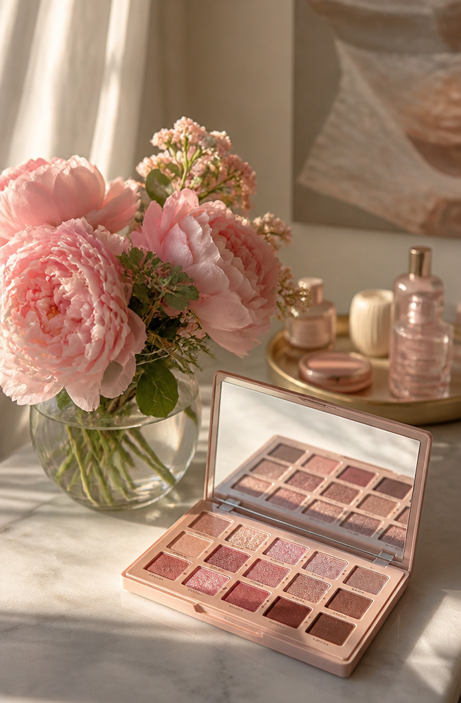 Model with a nude pink halo eyeshadow and darker rose tones.