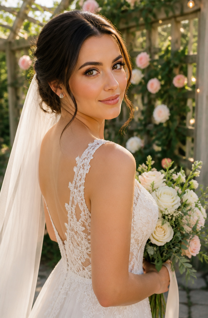Bride showcasing soft bridal makeup with peachy-pink eyeshadow.