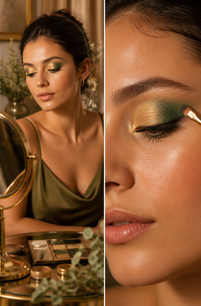 How to Do Simple Green Makeup: 6 Wearable Looks From Subtle to Bold 5 Image of gold and green eyeshadow applied on a model.
