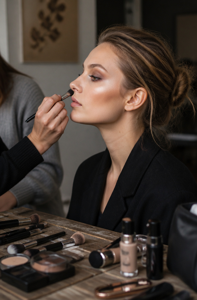 A model's side profile shows defined cheekbones and sculpted features.