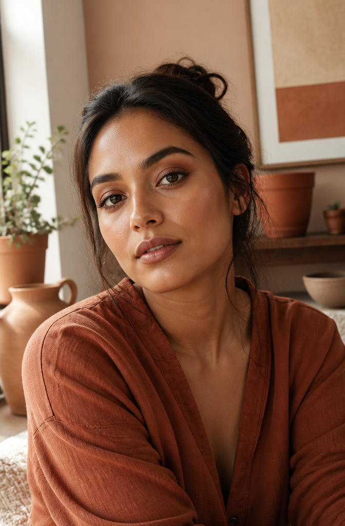 Natural Eyeshadow for Brown Eyes: 16 Color Ideas for 2026 5 Model featuring earthy terracotta eyeshadow that enhances her medium-tone skin.