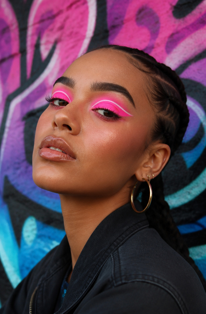 Model with neon pink cut crease and white liquid liner detail.