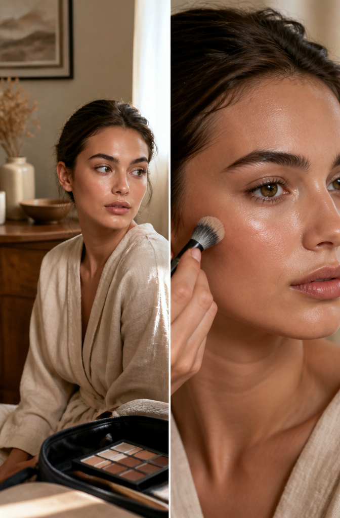 Model with hybrid skin, showcasing matte and dewy makeup.