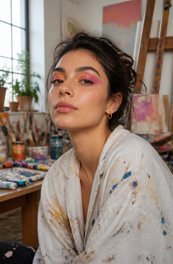 Unique Makeup Styles: 15 Looks, Types and Ideas for 2026 5 Woman in an art studio displaying colorful makeup with harmonious shades.