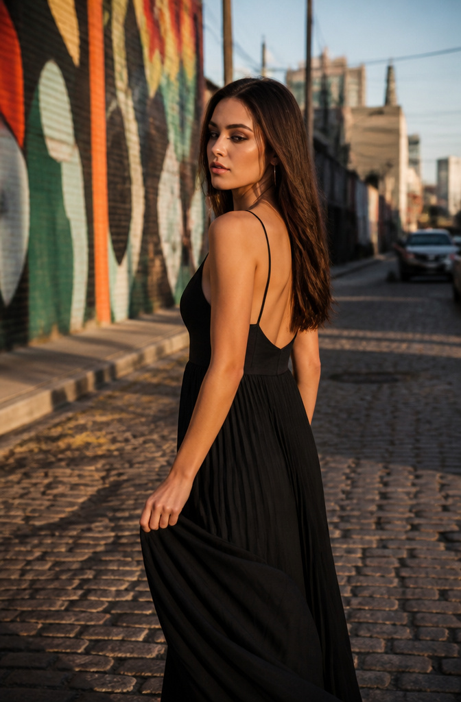 Model walking on a cobblestone street demonstrating smoked out wings technique.