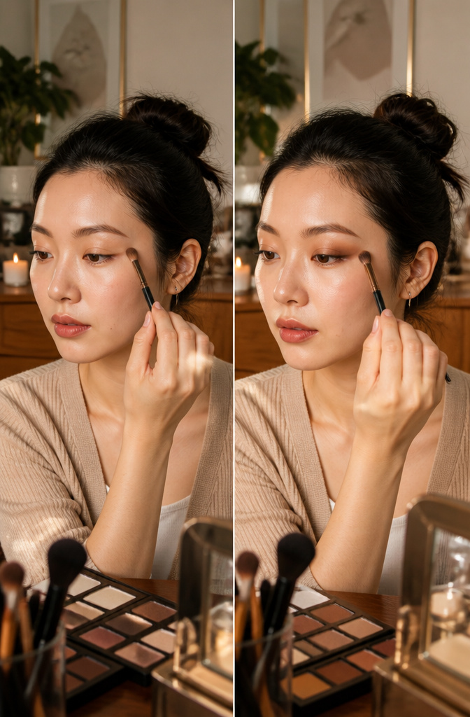 Downturned eyes with makeup that creates a soft upward lift at the outer corners.