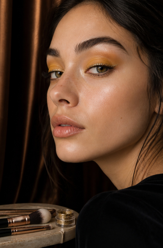 Make Up Inspo Pics: Looks, Techniques & Color Guides for 2026 5 A model with yellow eyeshadow and glitter liner in front of a velvet curtain.