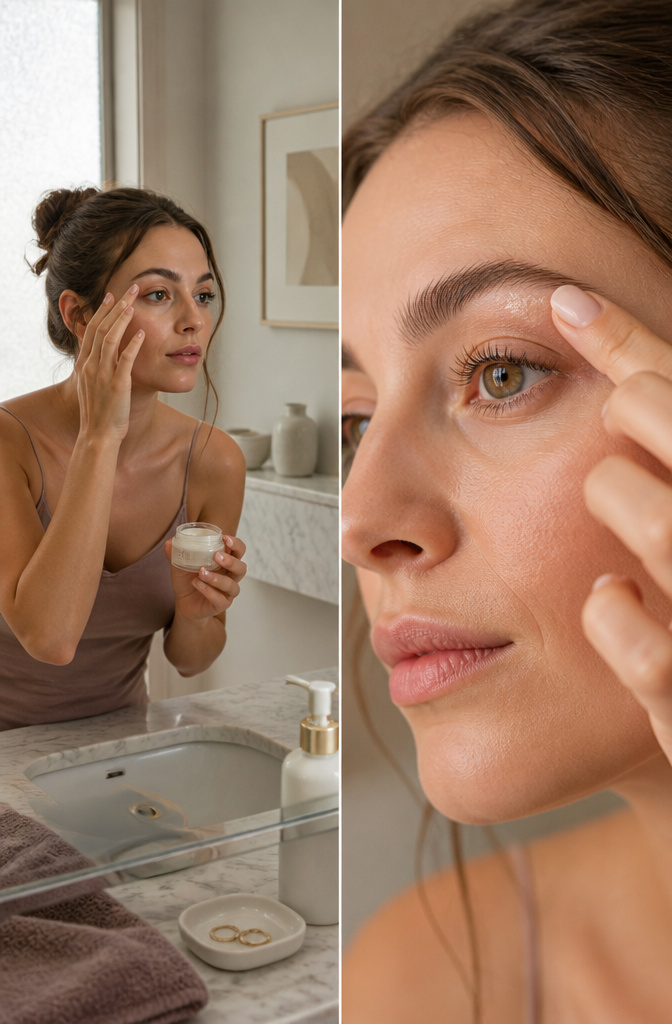 How to Do Light Brown Eye Makeup Natural in 2026: 2 Methods 5 Model applying highlighter to brow bone and inner corner of the eye.