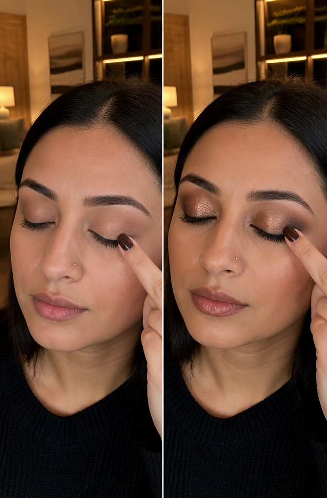 Model applying shimmer to the center of her eyelid.