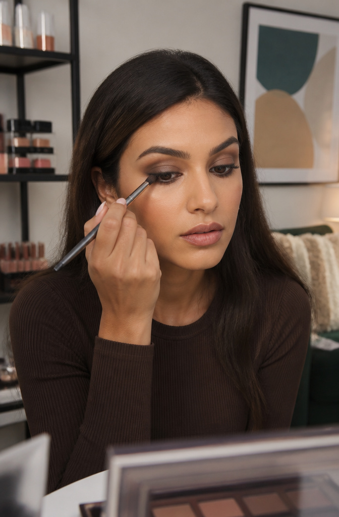 Model applying dark liner to her upper lash line with a brush.