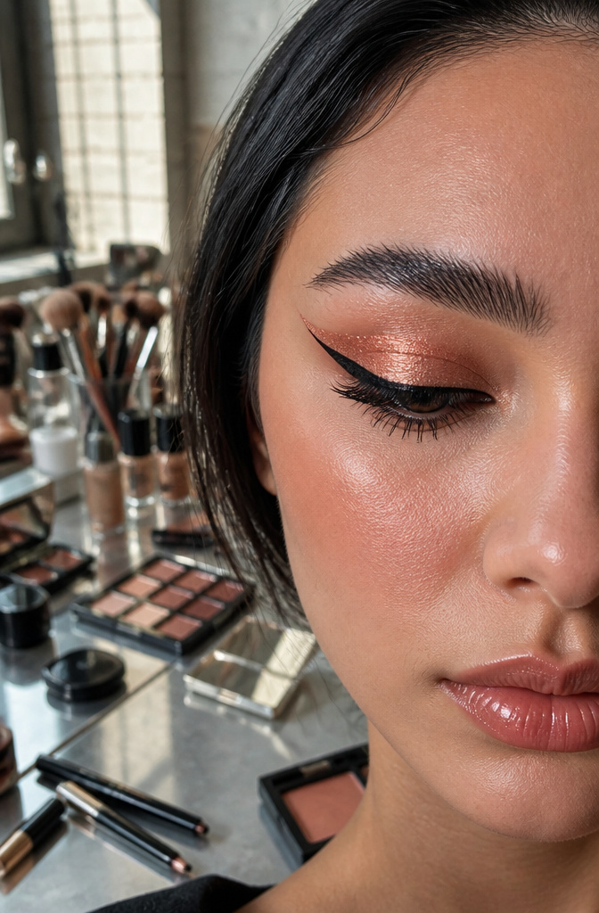 A close-up of bold graphic eyeliner and structured brows on a model.
