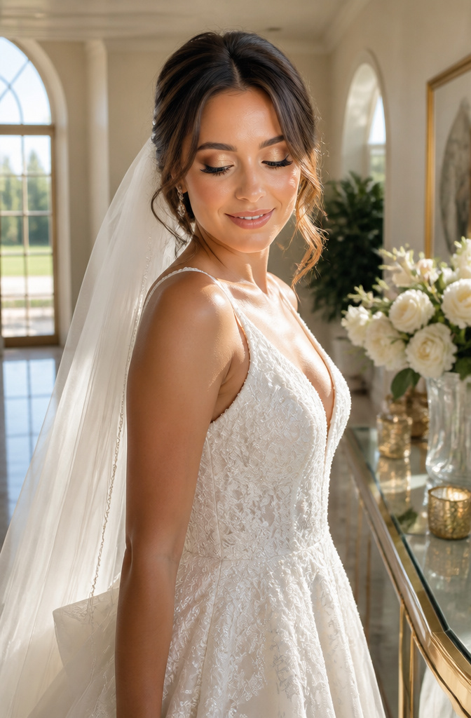 Bride showcasing metallic gold eyeshadow with a soft brown crease.