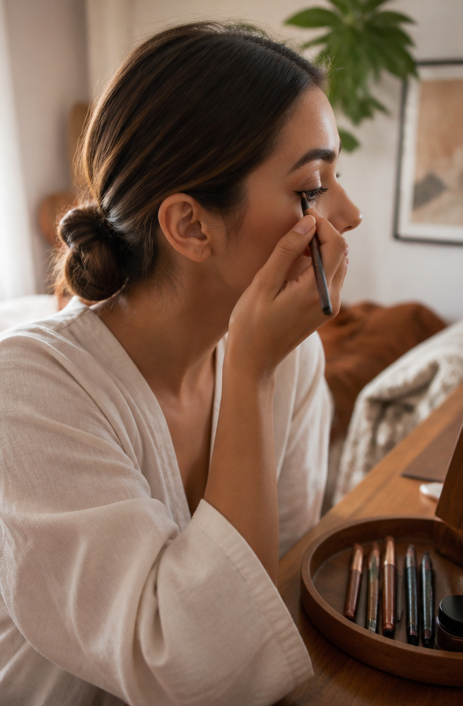 How to Do Light Brown Eye Makeup Natural in 2026: 2 Methods 6 Side view of model applying thin brown eyeliner to upper lashes.