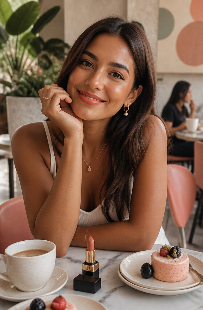 6 Makeup Looks for Tan Skin Tones in 2026 6 Model displaying warm terracotta lip color in a café setting.