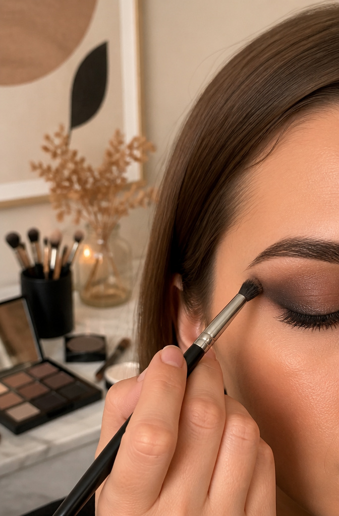 How to Do a Smokey Eye: A 9-Step Tutorial for 2026 6 A blending brush diffuses dark shadow on the outer corner of an eye.