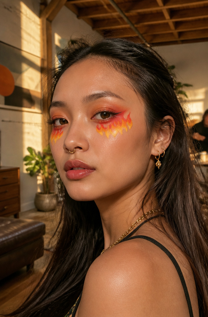 Model with colorful flame-inspired makeup under her eyes.