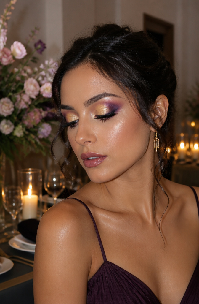 Make Up Inspo Pics: Looks, Techniques & Color Guides for 2026 6 A model with metallic gold and deep purple eyeshadow in an elegant setting.