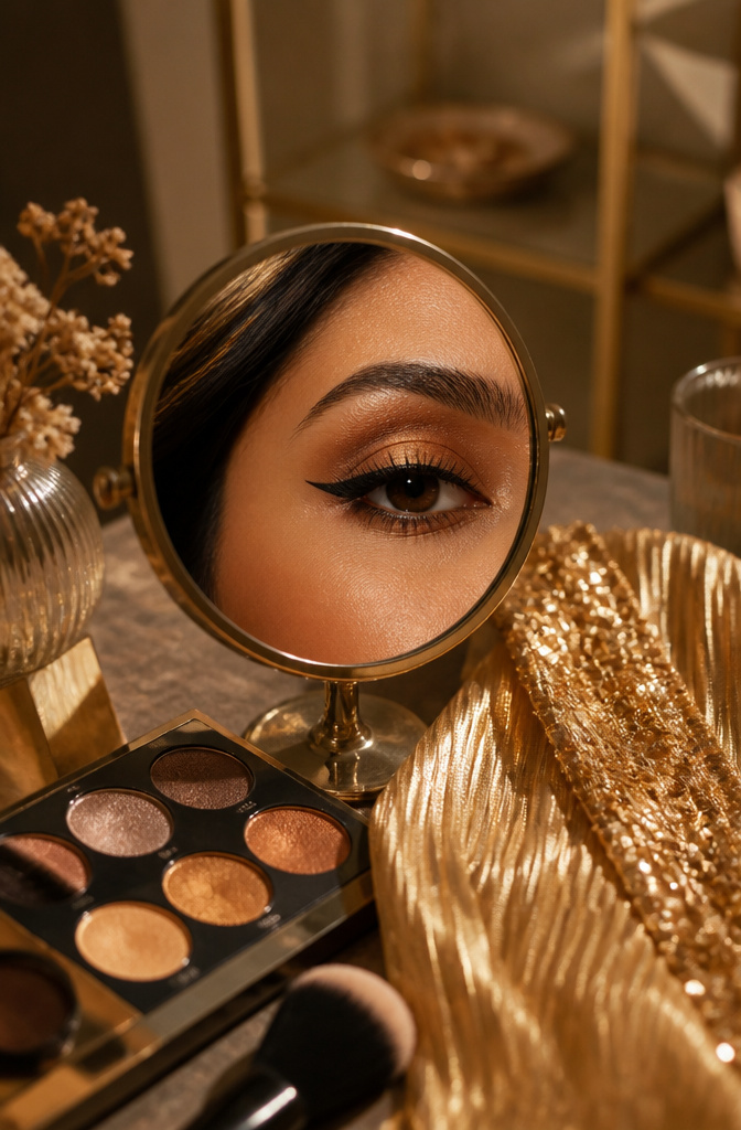 Close-up of eye makeup with black liquid eyeliner and warm bronze shadows.