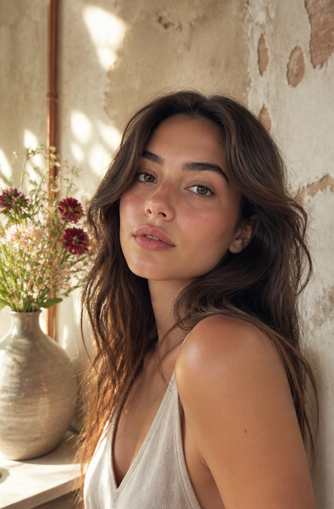 Model with soft sculpting, using blush and bronzer for definition.