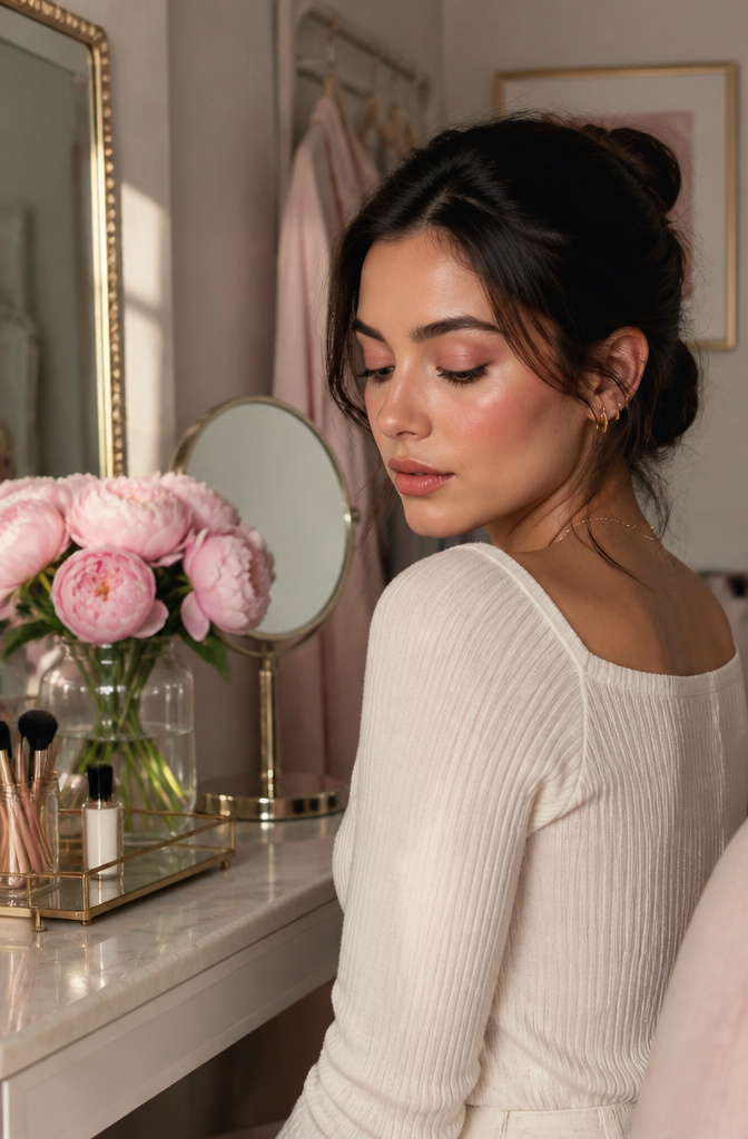 Model with soft pink eyeshadow in a pastel-colored dressing room.